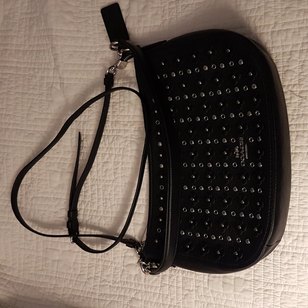 Coach Navy Blue Black Studded Flowers Shoulder Bag - Picture 9 of 14
